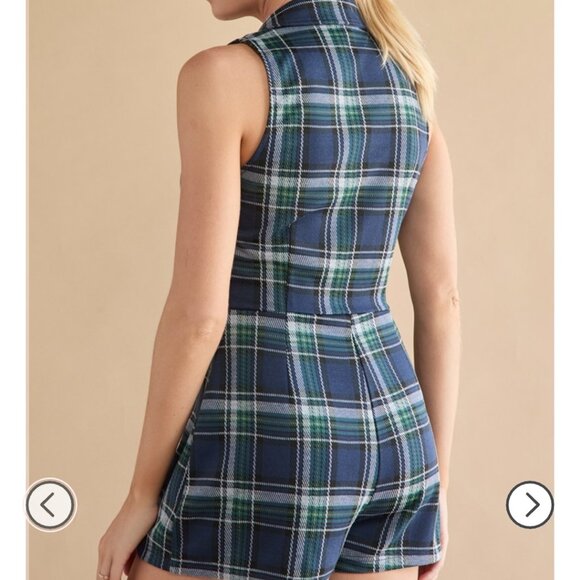 Francesca's Janis Sleeveless Plaid Utility Romper - Picture 2 of 14